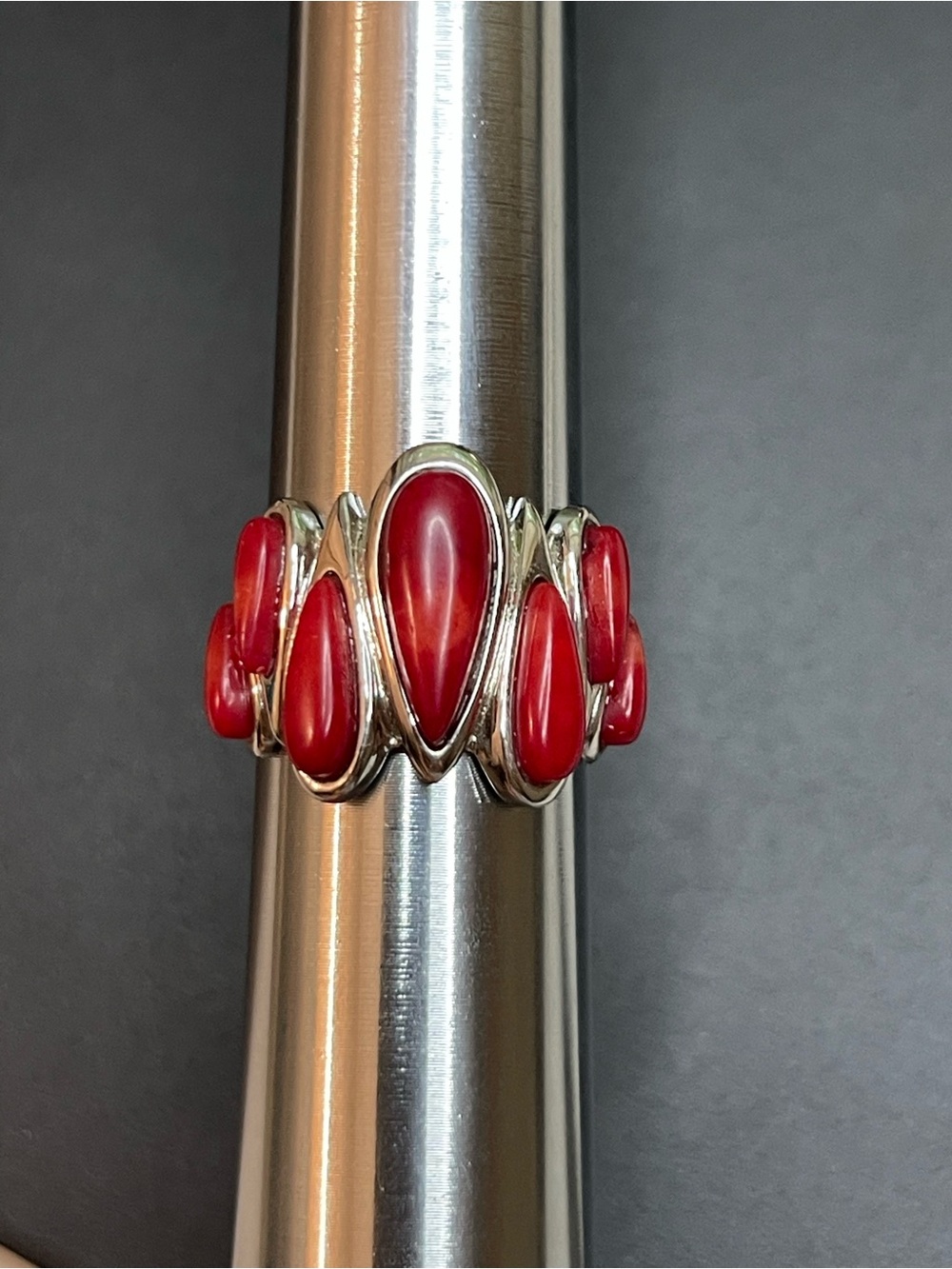 Red Coral Seven Stone Sterling Silver Statement Ring